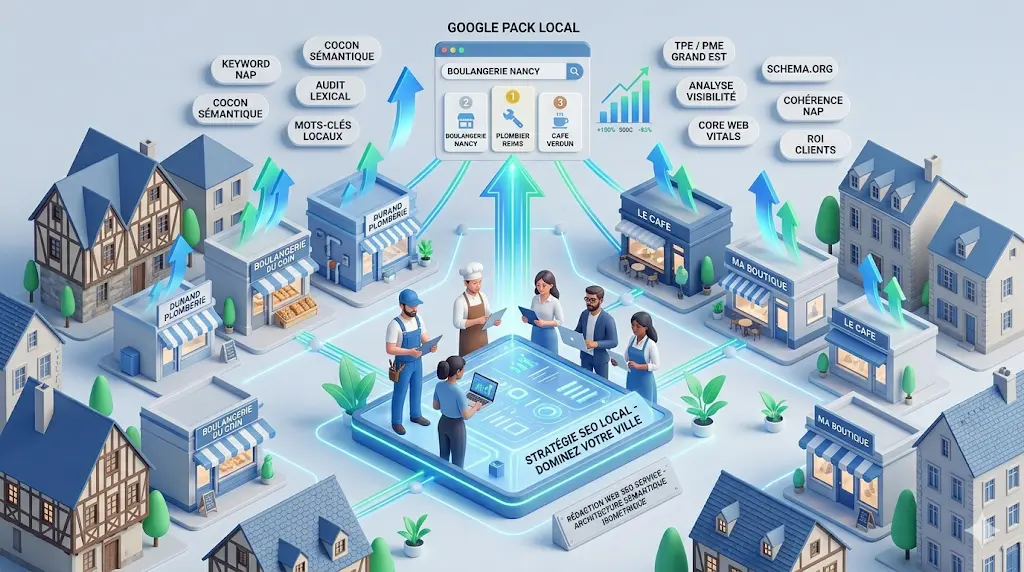 Illustration isométrique en 16:9 d'une stratégie de référencement local pour propulser les TPE et PME en premier sur Google Maps dans leur ville.