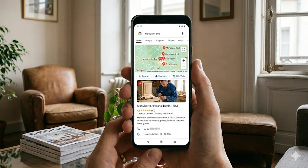 vue sur un telphone avec le pack google seo local pour un menuisier